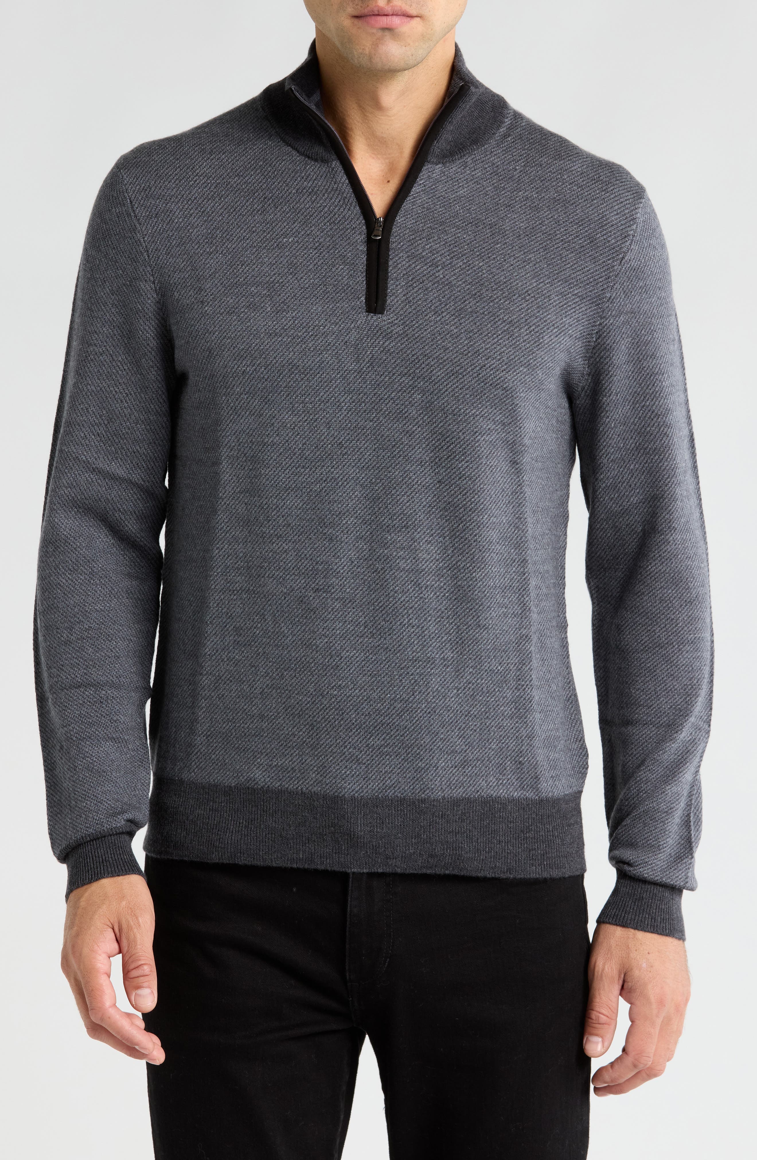 Bruno Magli Merino Wool Two-Tone Twill Quarter-Zip Pullover