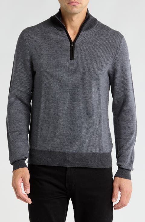 Merino Wool Two-Tone Twill Quarter-Zip Pullover