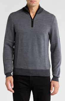 Bruno Magli Merino Wool Two-Tone Twill Quarter-Zip Pullover