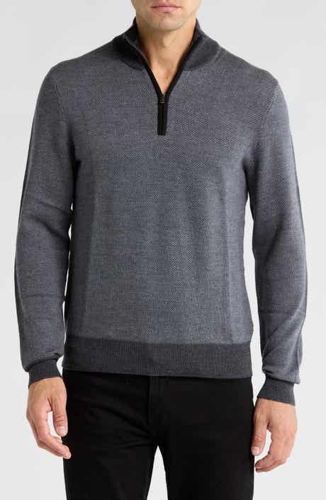 Bruno Magli Merino Wool Two-Tone Twill Quarter-Zip Pullover