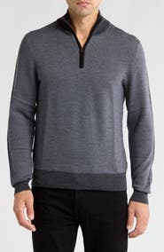 Bruno Magli Merino Wool Two-Tone Twill Quarter-Zip Pullover
