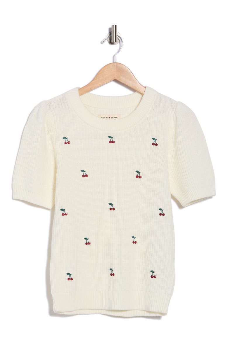 Cherry Embroidered Short Sleeve Sweater, Alternate, color, BRIGHT WHITE