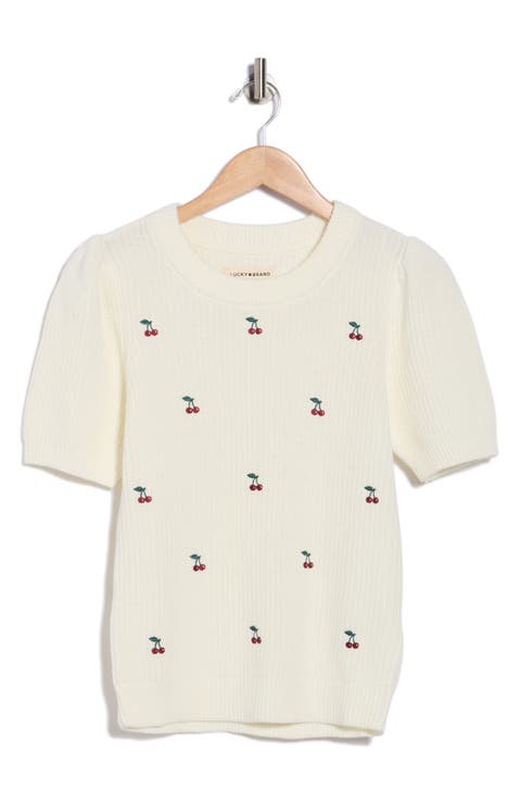 Cherry Embroidered Short Sleeve Sweater