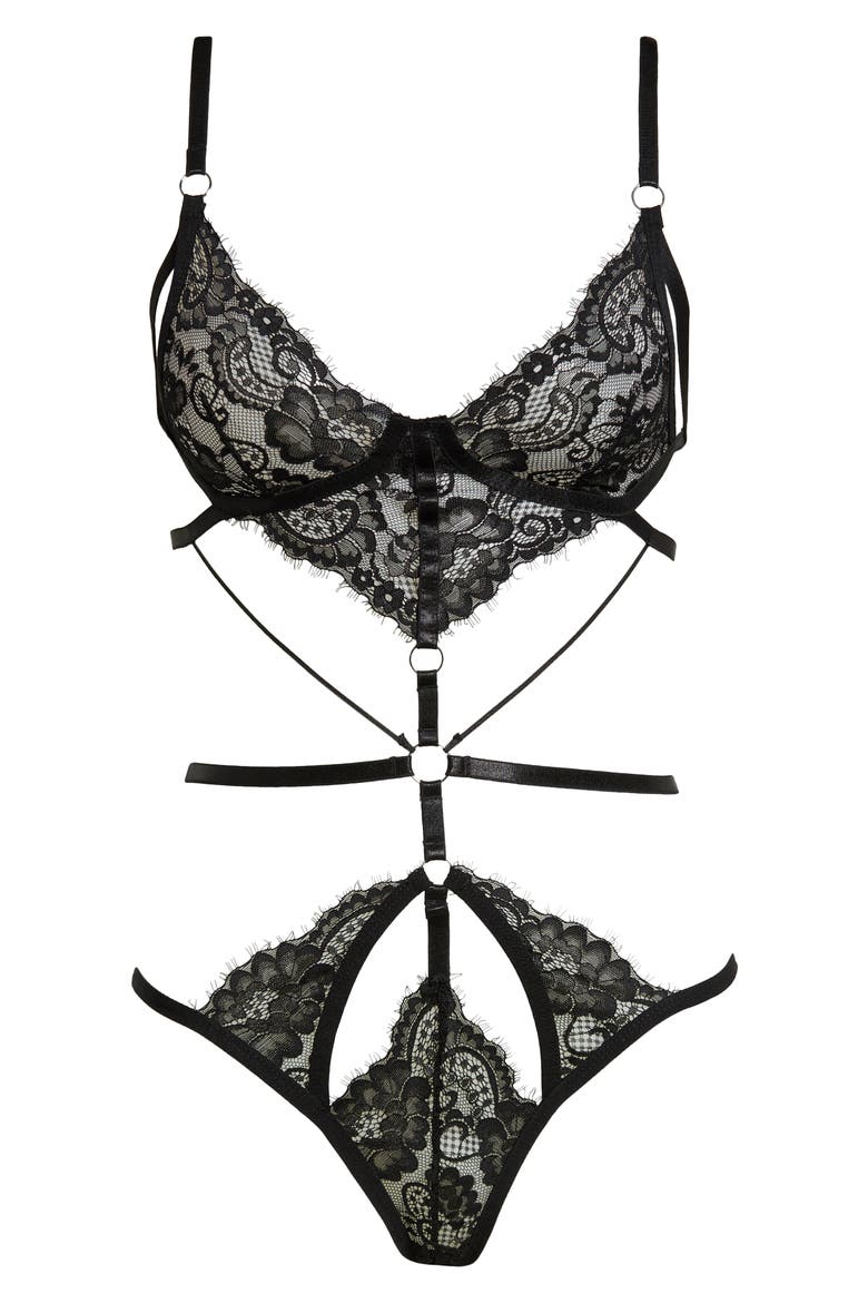 Strappy Cutout Eyelash Mesh Teddy, Alternate, color, BLACK