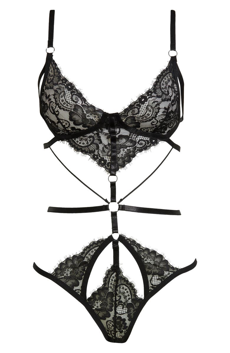 Hauty Strappy Cutout Eyelash Mesh Teddy, Alternate, color, Black