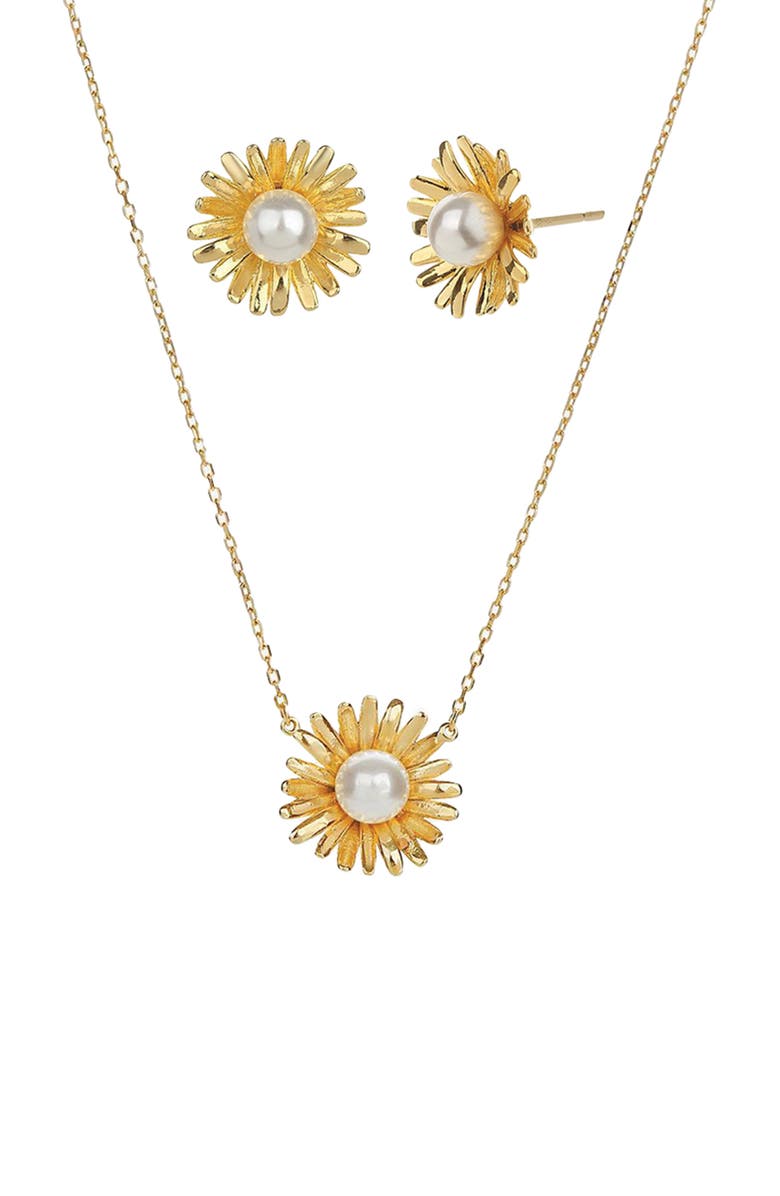 Bearfruit Jewelry Sterling Silver 18k Gold Plated Flora Culture Pearl Necklace & Stud Earrings Set, Main, color, Gold