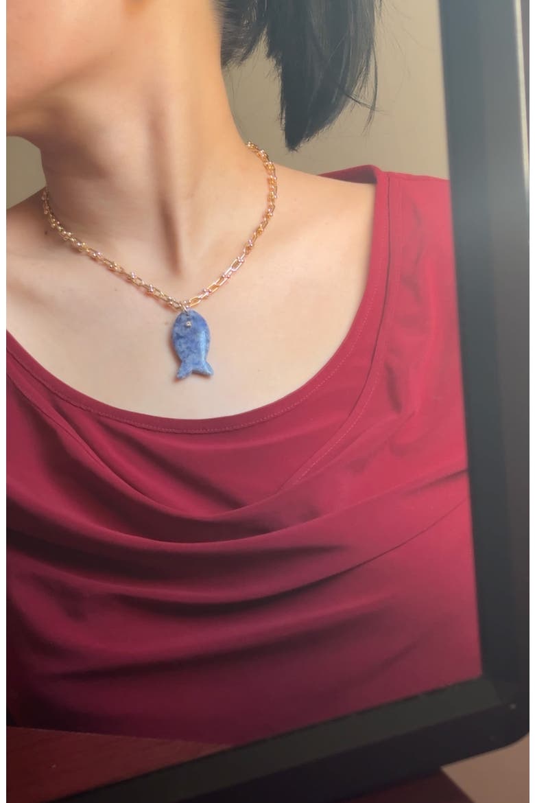 Blue Stoney Fish Pendant Necklace, Alternate, color, BLUE/ GOLD