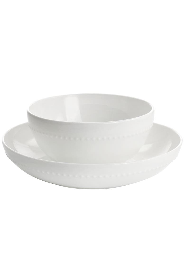 Embossed Bone China 16 Piece Double Bowl Dinnerware Set, Alternate, color, White