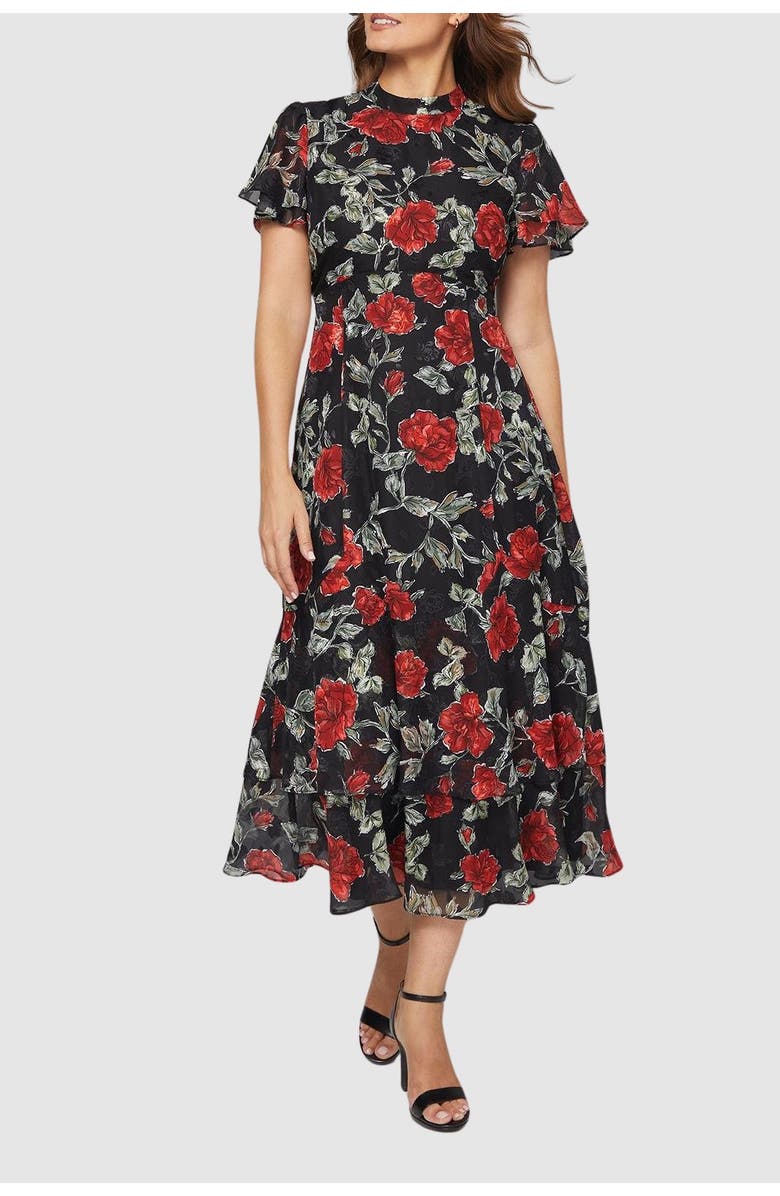 Wallis Floral Burn Out Ruffle Midi Dress, Alternate, color, Black