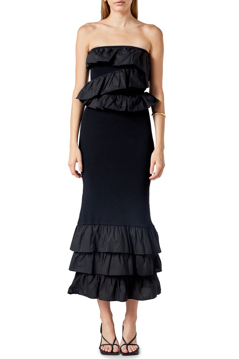 Ruffle Detail Mixed Media Strapless Dress, Main, color, BLACK