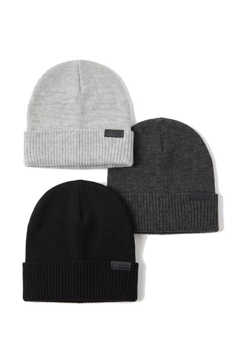 Ribbed Cuff Flat Knit Beanies, Set Of 3