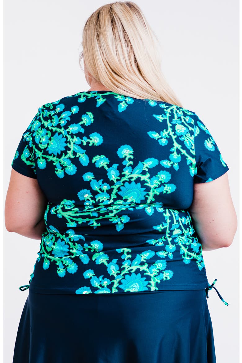 Plus Size Short Sleeve Adele Swim Top and Black Mid-Thigh Swim Shorts Set, Alternate, color, Barbados Blue