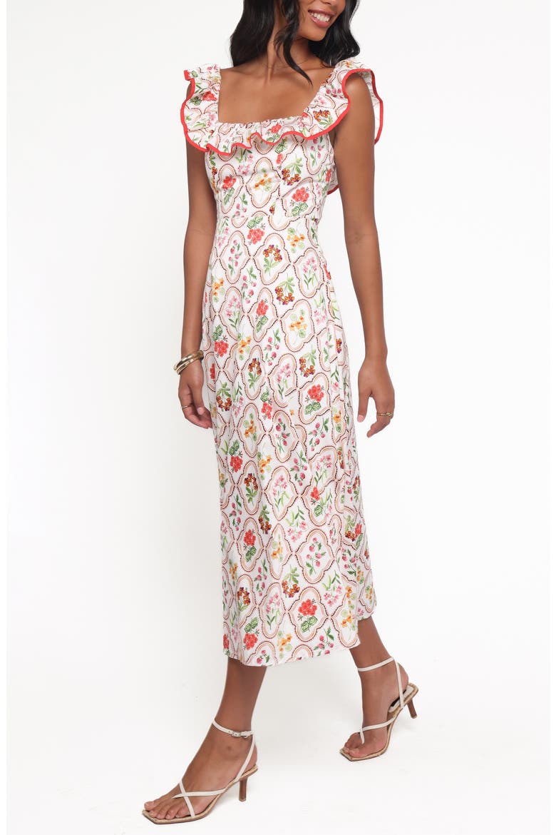 Lucille Floral Ruffle Cotton Midi Dress, Alternate, color, CORAL WILDFLOWER