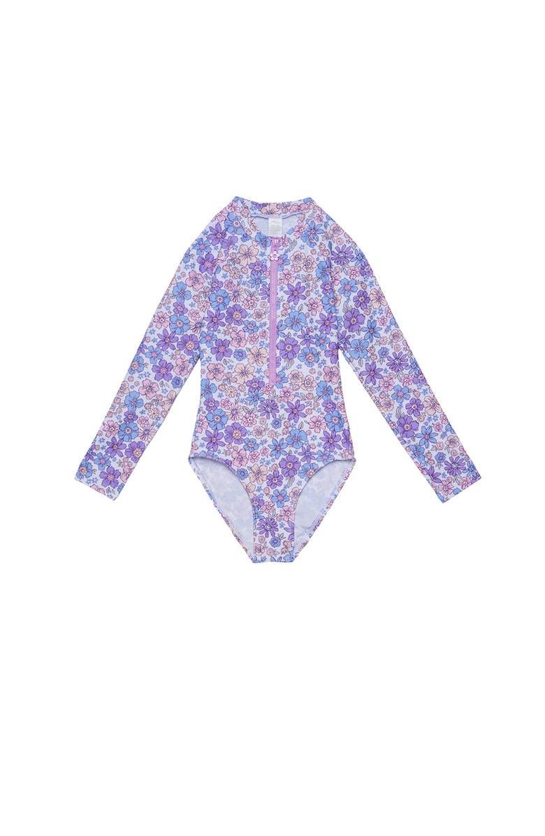 Gottex Kids Vintage Flower Long Sleeve Zip Front One Piece, Main, color, Multi-Violet