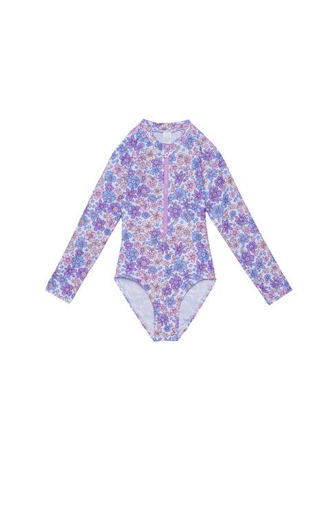 Vintage Flower Long Sleeve Zip Front One Piece