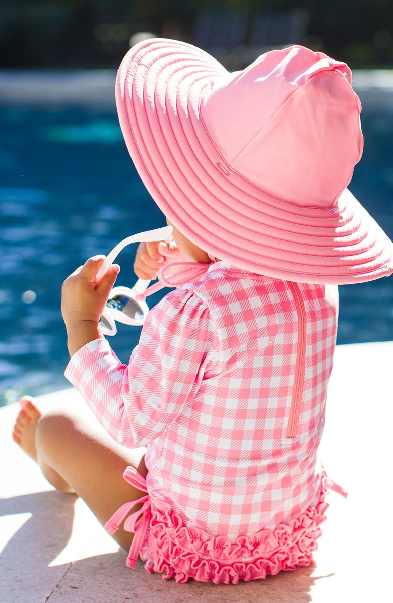 RuffleButts Bubblegum Gingham Long Sleeve One-Piece Rashguard Swimsuit & Hat Set, Alternate, color, 