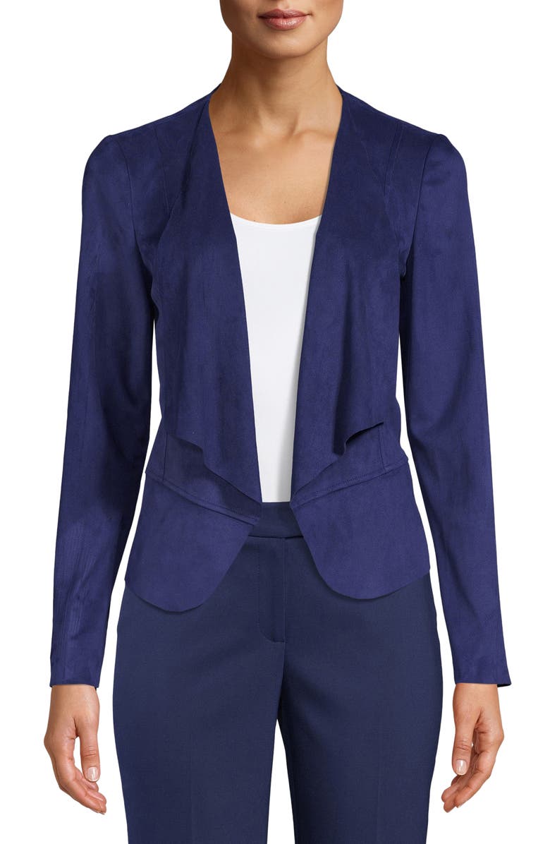 Anne Klein Drape Front Faux Suede Jacket, Main, color, Distant Mountain