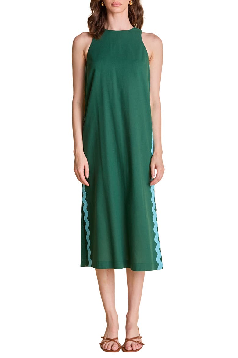 Rickrack Trim Sleeveless Midi Dress, Main, color, DARK GREEN