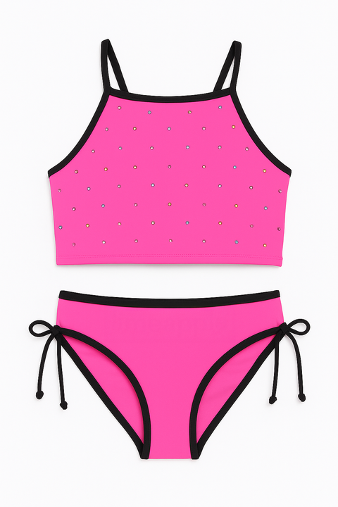 Cropped Tankini Swimsuit with Rhinestone Detail