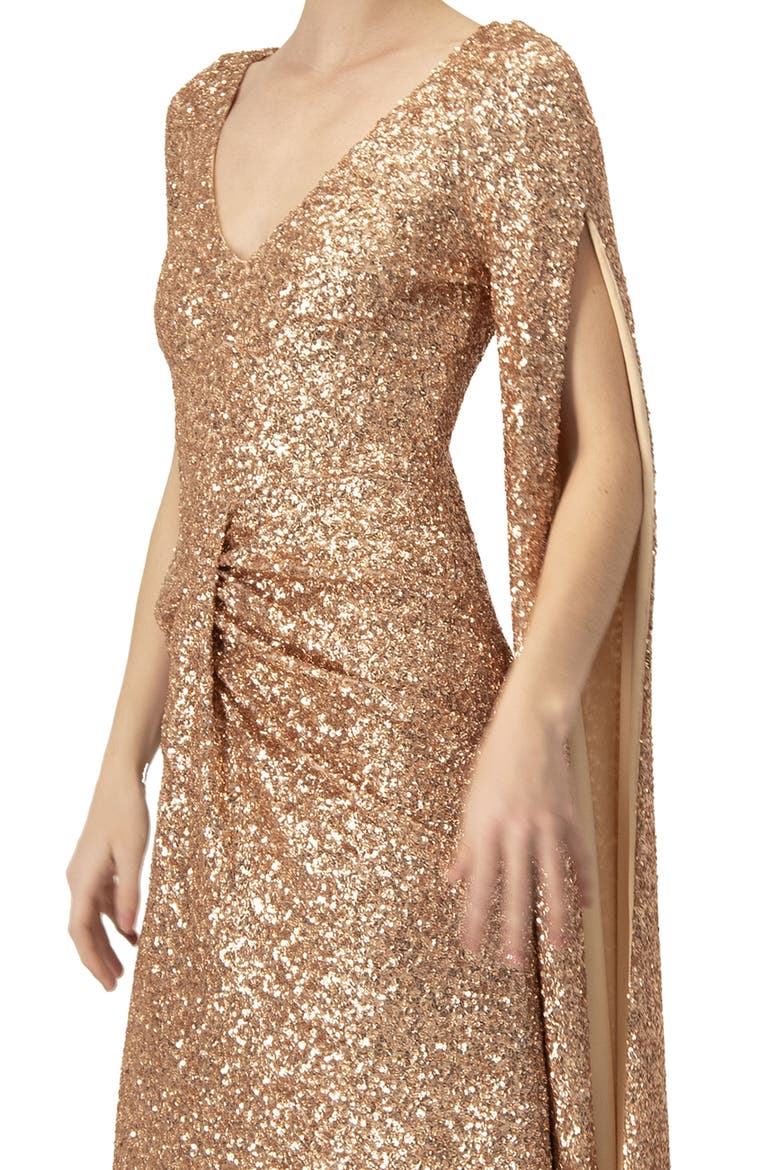 Long Sleeve V-Neck Sequin Evening Dress with Slit, Alternate, color, Light Pink
