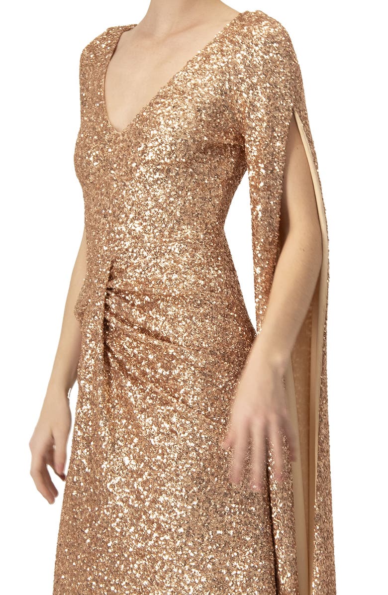 IVONNE Long Sleeve V-Neck Sequin Evening Dress with Slit, Alternate, color, Light Pink
