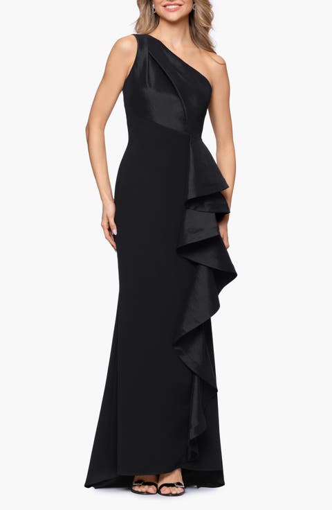 Mixed Media One-Shoulder Ruffle Gown
