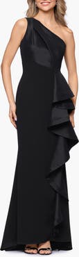 Betsy & Adam Mixed Media One-Shoulder Ruffle Gown