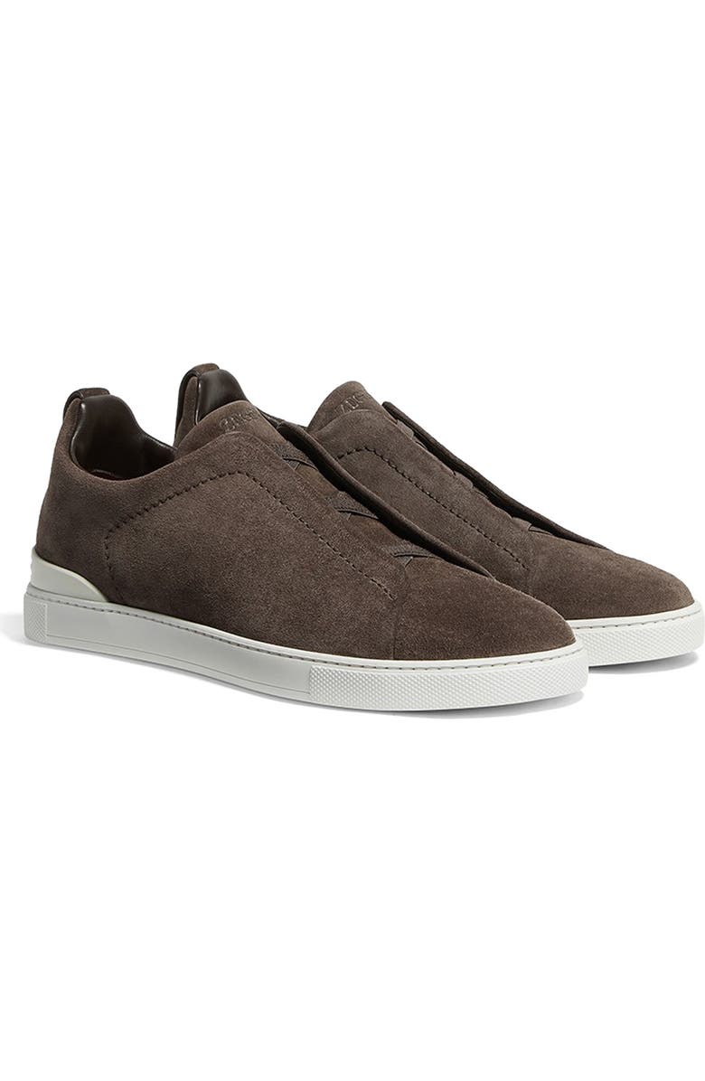 ZEGNA Triple Stitch Suede Slip-On Sneaker, Main, color, Dark Brown