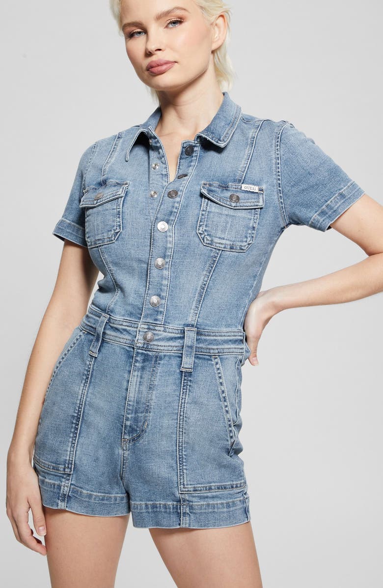 GUESS Lara Denim Romper, Alternate, color, Blue
