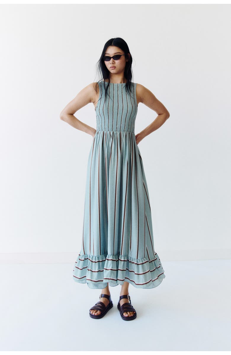 H&M Smocked-bodice dress, Alternate, color, Light Dusty Turquoise/Striped