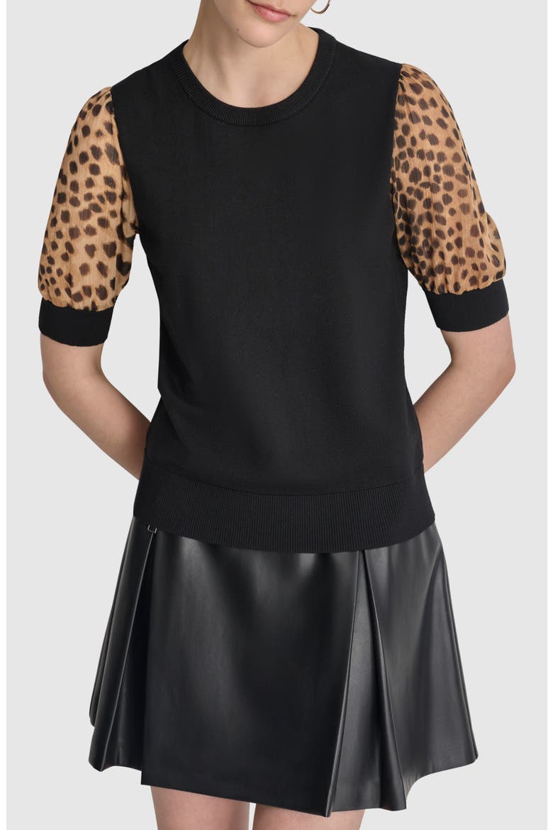 Metallic Leopard Print Sleeve Mixed Media Sweater, Main, color, BLACK/ CHEETAH REPEAT