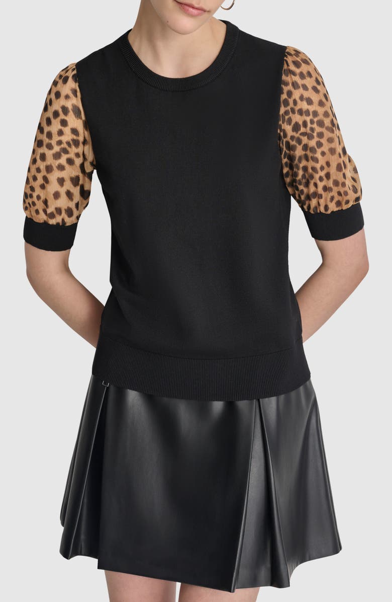 DKNY Metallic Leopard Print Sleeve Mixed Media Sweater, Main, color, 