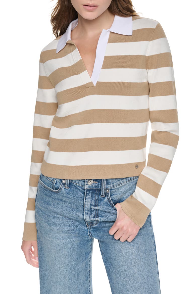 Striped Long Sleeve Polo Sweater, Alternate, color, TRAVERTINE/IVORY