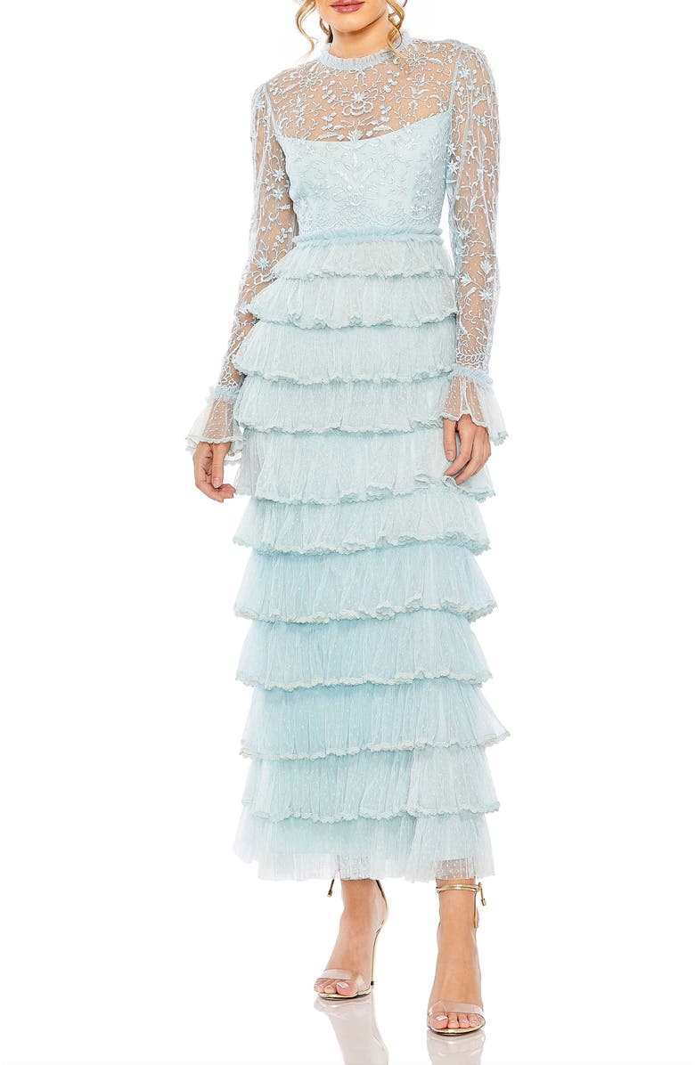 Mac Duggal Embroidered Long Sleeve Ruffled Tiered Dress, Main, color, Seafoam