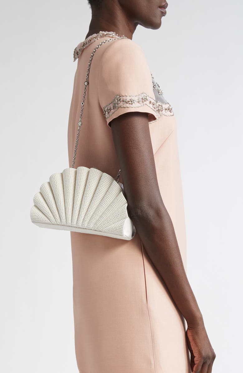 JUDITH LEIBER COUTURE Origami Fan Faux Pearl Embellished Satin Clutch, Alternate, color,