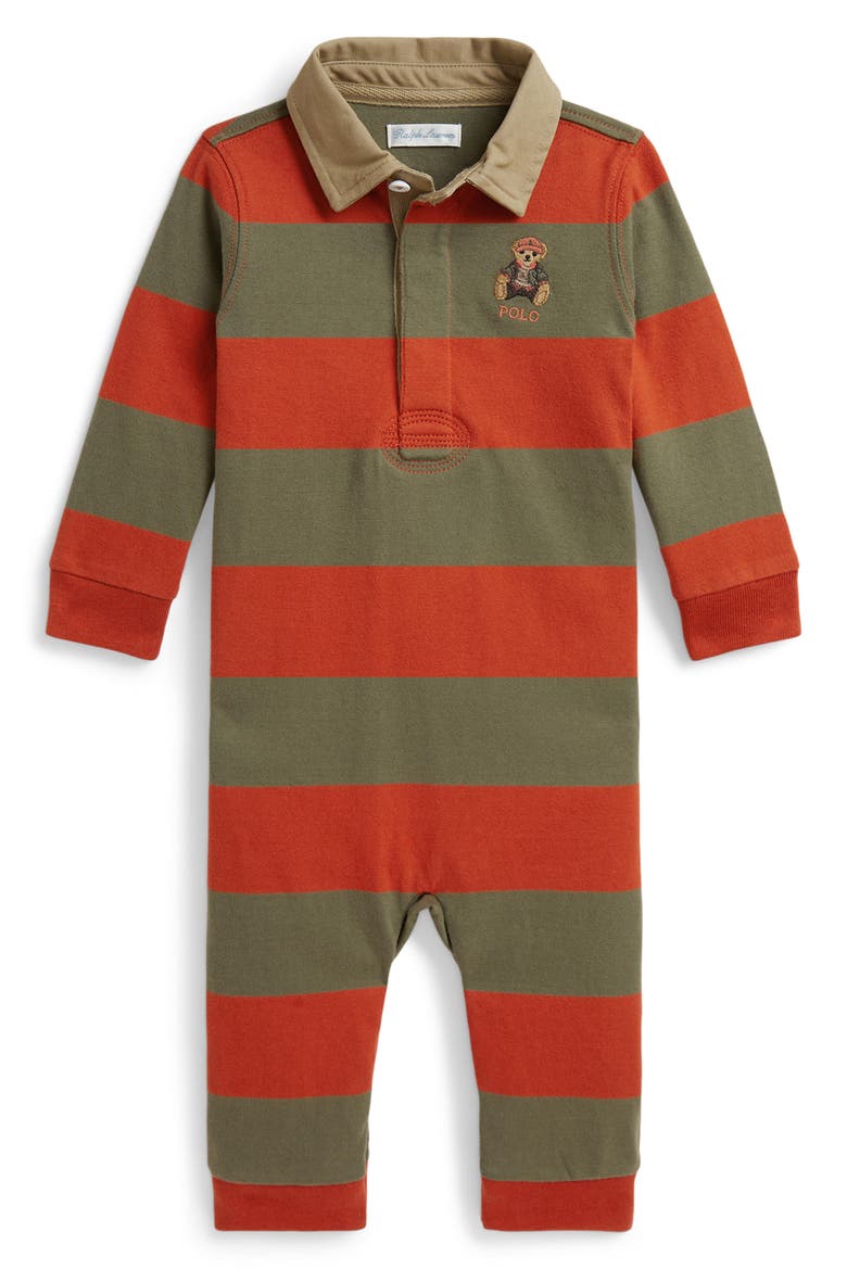 Kids' Polo Bear Stripe Jersey Coverall, Main, color, VARSITY ORANGE MULTI