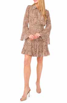 CeCe Leopard Tiered Long Sleeve Shirtdress