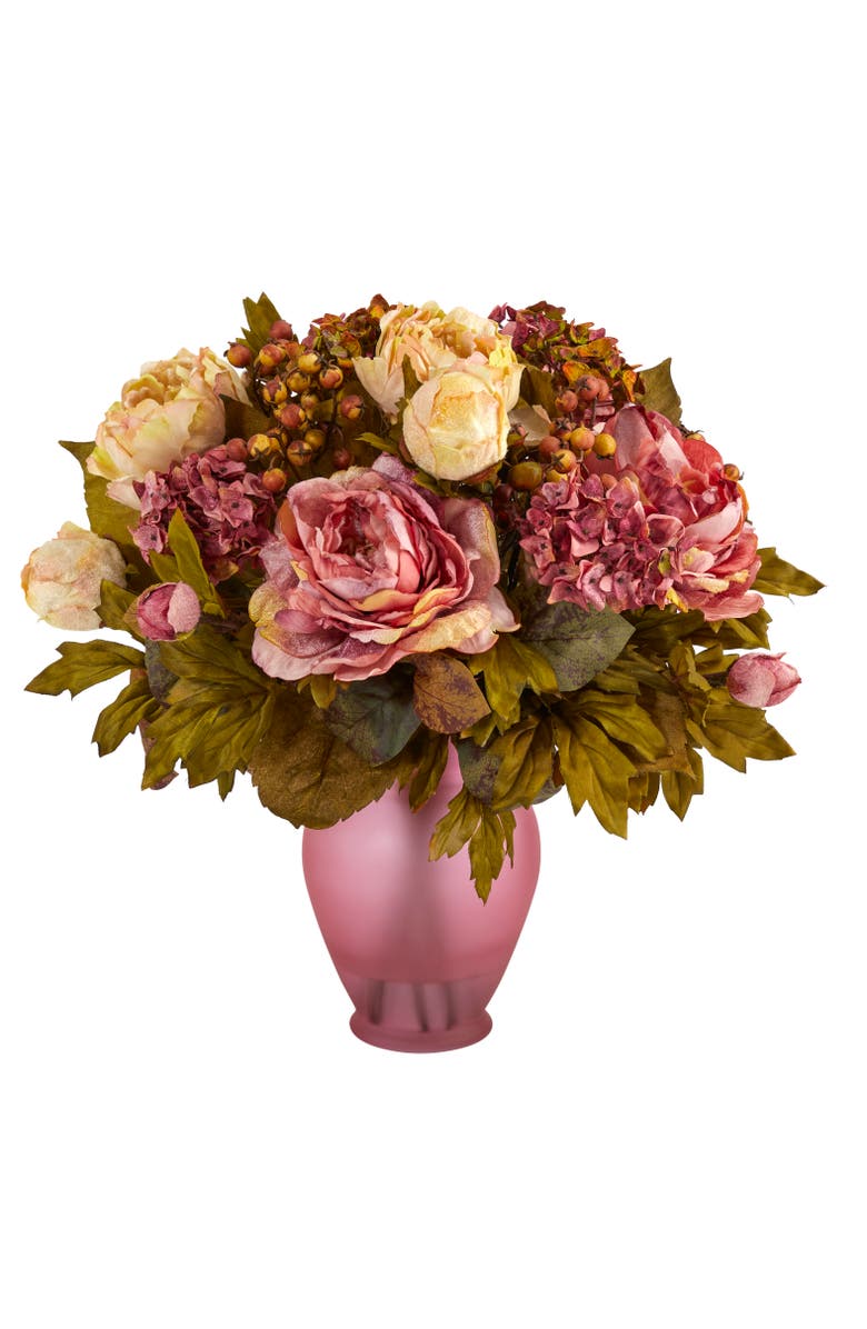 NEARLY NATURAL 16-in Peony Artificial Arrangement in Rose Colored Vase, Main, color, Pink