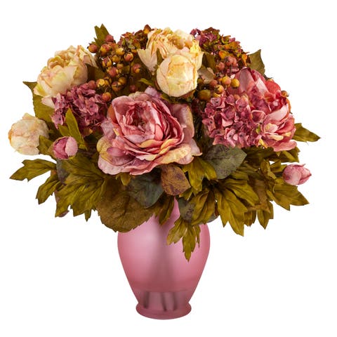 16-in Peony Artificial Arrangement in Rose Colored Vase