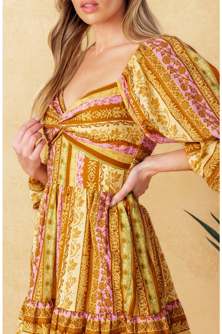 Puff Sleeve Print Minidress, Alternate, color, BROWN LAVENDER