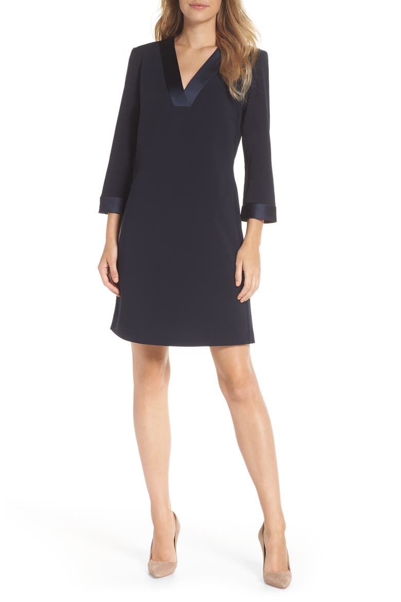 Satin Trim Crepe Shift Dress, Main, color, DARK NAVY