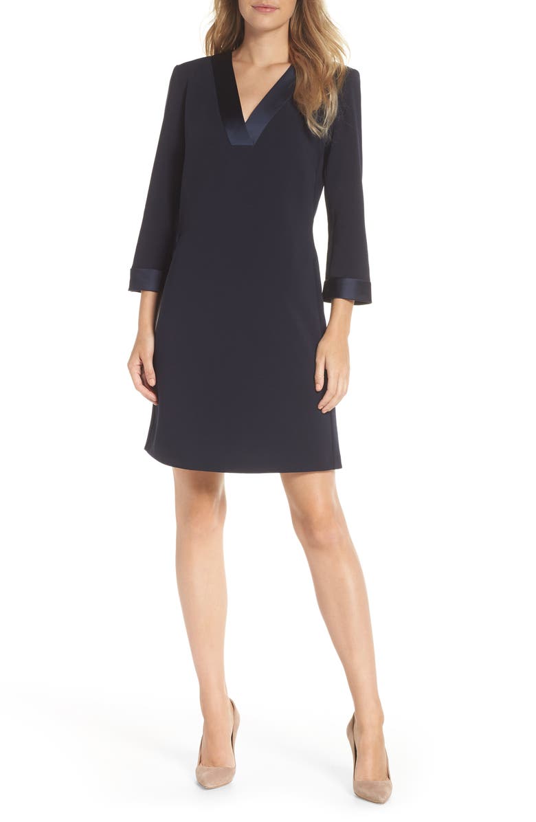 Tahari Satin Trim Crepe Shift Dress, Main, color, 