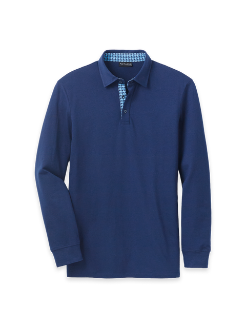 Long Sleeve Cotton Jersey 3-Button Polo With Patterned Trim