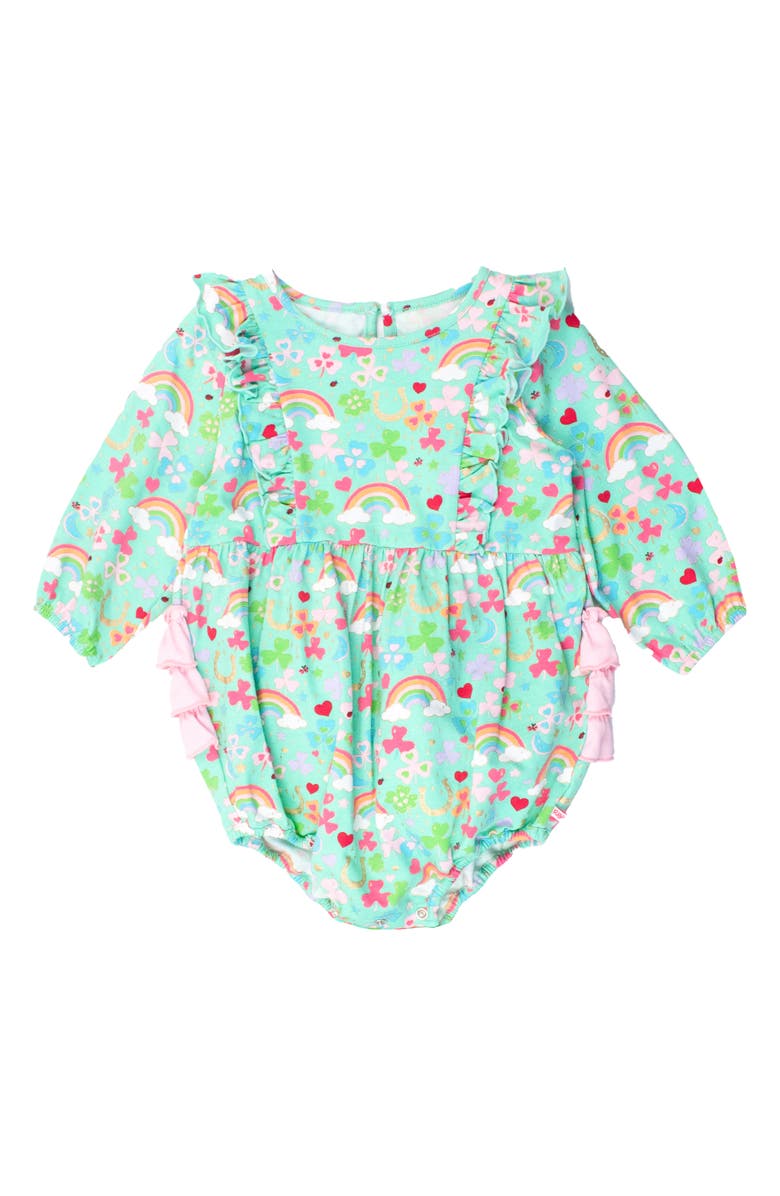 RuffleButts Lucky Day Clover Print Cotton Skirted Bodysuit, Main, color, 