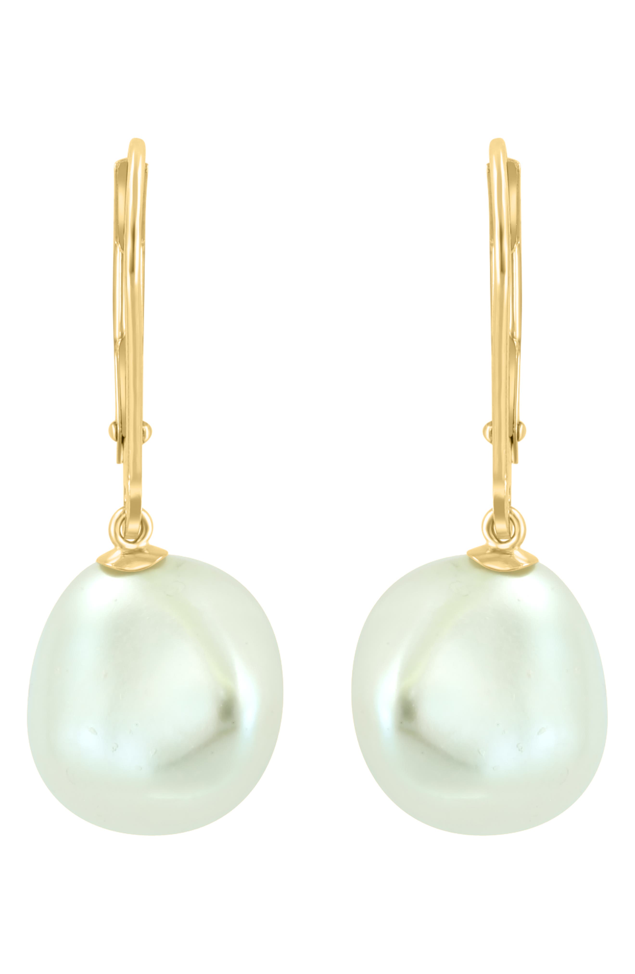 EFFY 14K Yellow Gold 10mm Freshwater Pearl Drop Lever Back Earrings