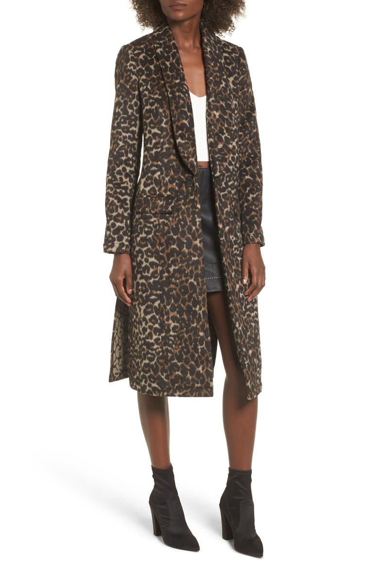 Longline Leopard Print Coat, Main, color, BLACK LEOPARD