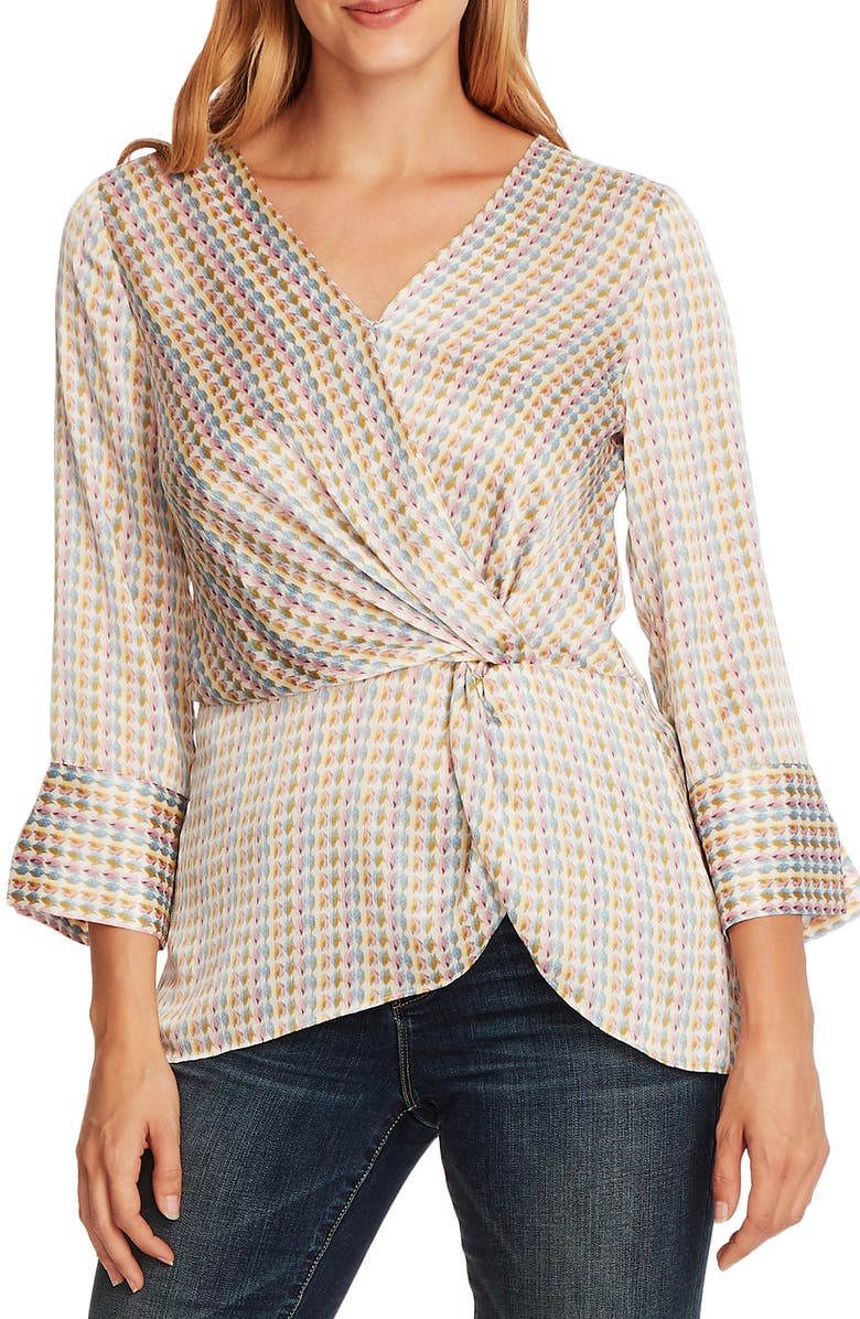 Vince Camuto Geo Petal Twist Front Satin Blouse, Main, color, 