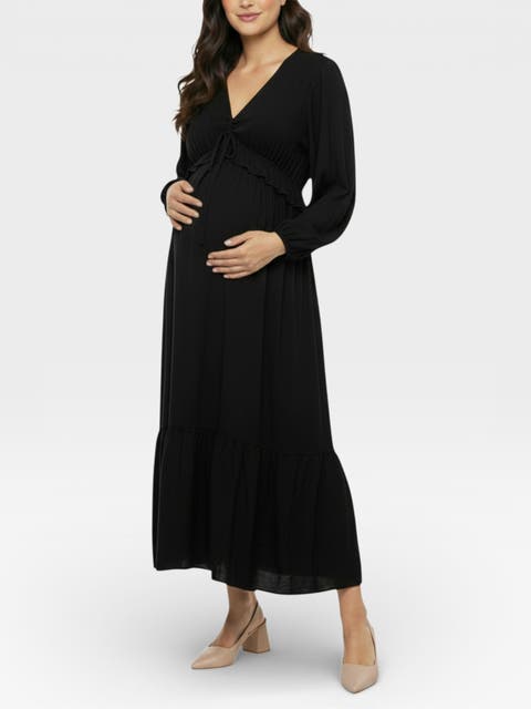 Puff Sleeve Ruffle Midi Maternity Dress