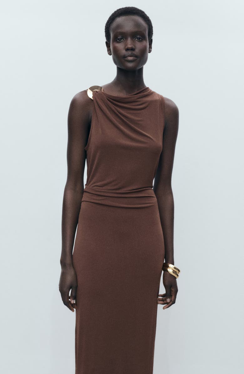 MANGO Draped Body-Con Maxi Dress, Alternate, color, Chocolate