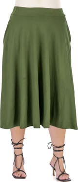 24seven Comfort Apparel Elastic Waist Pleated Pocket Midi Skirt